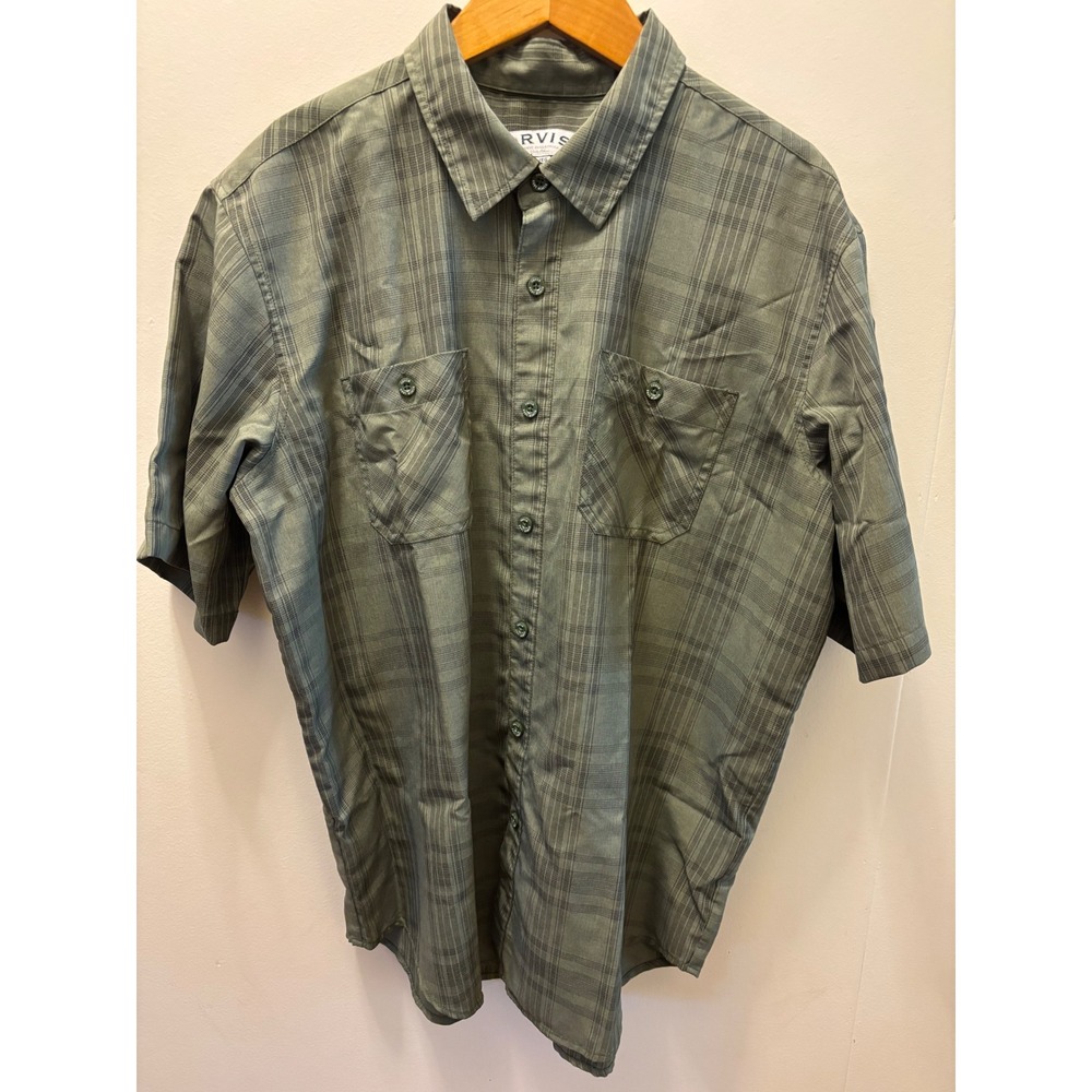 Orvis Mens XL Plaid Shirt Short Sleeve Olive Green Button Down Polyester 1494392